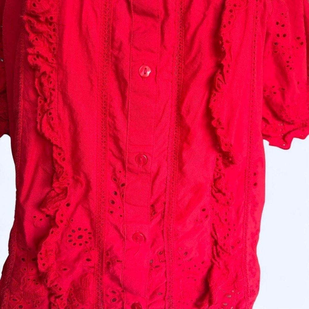 Jennifer & Grace Red Eyelet Ruffle Blouse Square Neck Short Puff Sleeve Medium - Picture 2 of 7